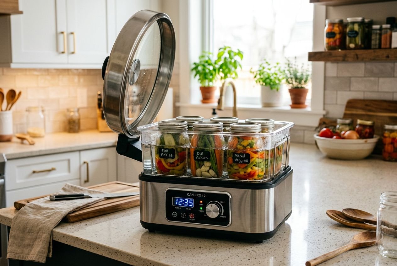 Stérilisation bocaux maison méthode : ya une mijoteuse moderne avec couvercle ouvert contenant plusieurs bocaux en verre remplis de légumes pour conserves.