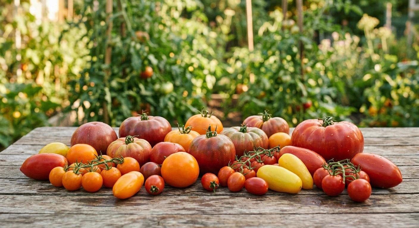 Tomates et fruits jaunes sur une table en bois, jardin en arrière-plan, colorés et frais.