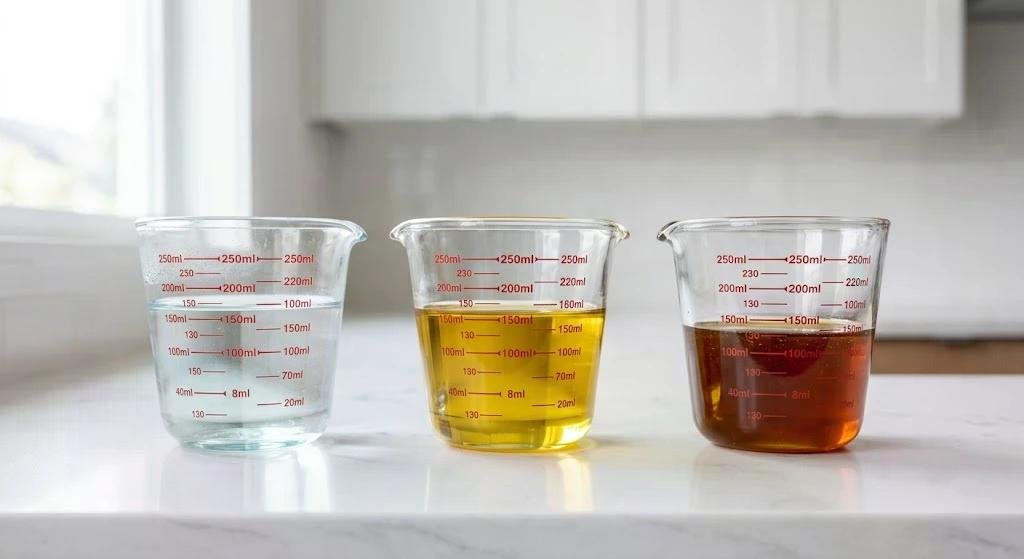 Trois béchers en verre avec liquides de différentes couleurs (incolore, jaune et brun), graduations visibles sur les côtés, posés sur un comptoir de cuisine.