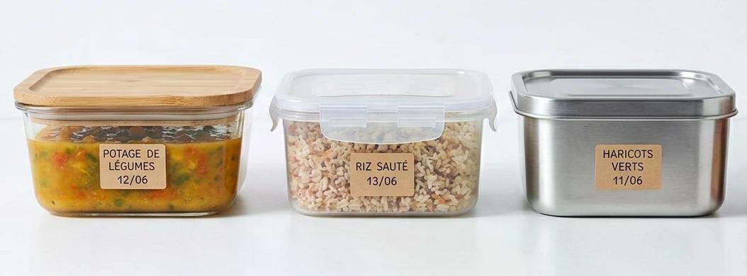 Trois bocaux en verre et inox à clapet, remplis de légumes en soupe, riz sauté et haricots verts, chacun étiqueté.