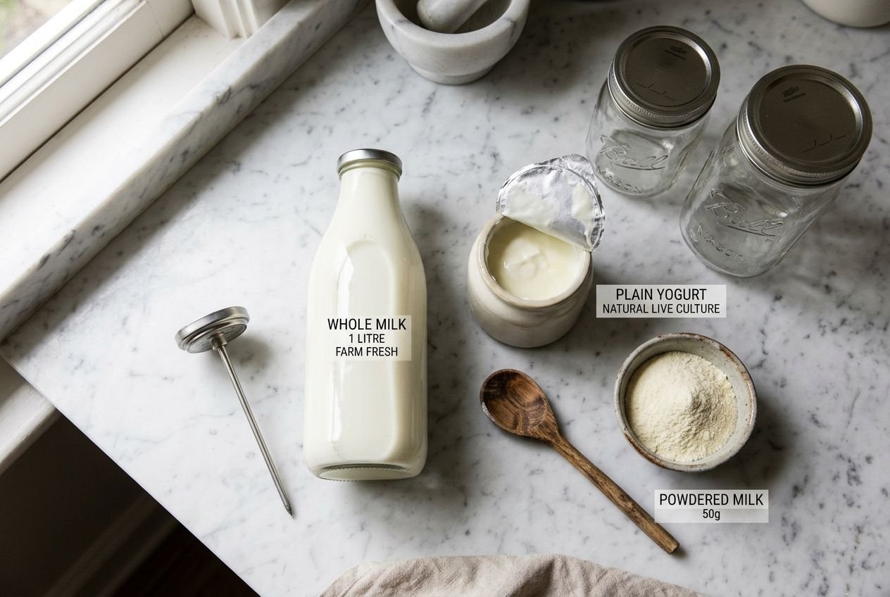 Yaourts maison sans yaourtière : lait entier, yaourt nature et ingrédients près d’un réfrigérateur sur plan de travail, avec poudre et pots.