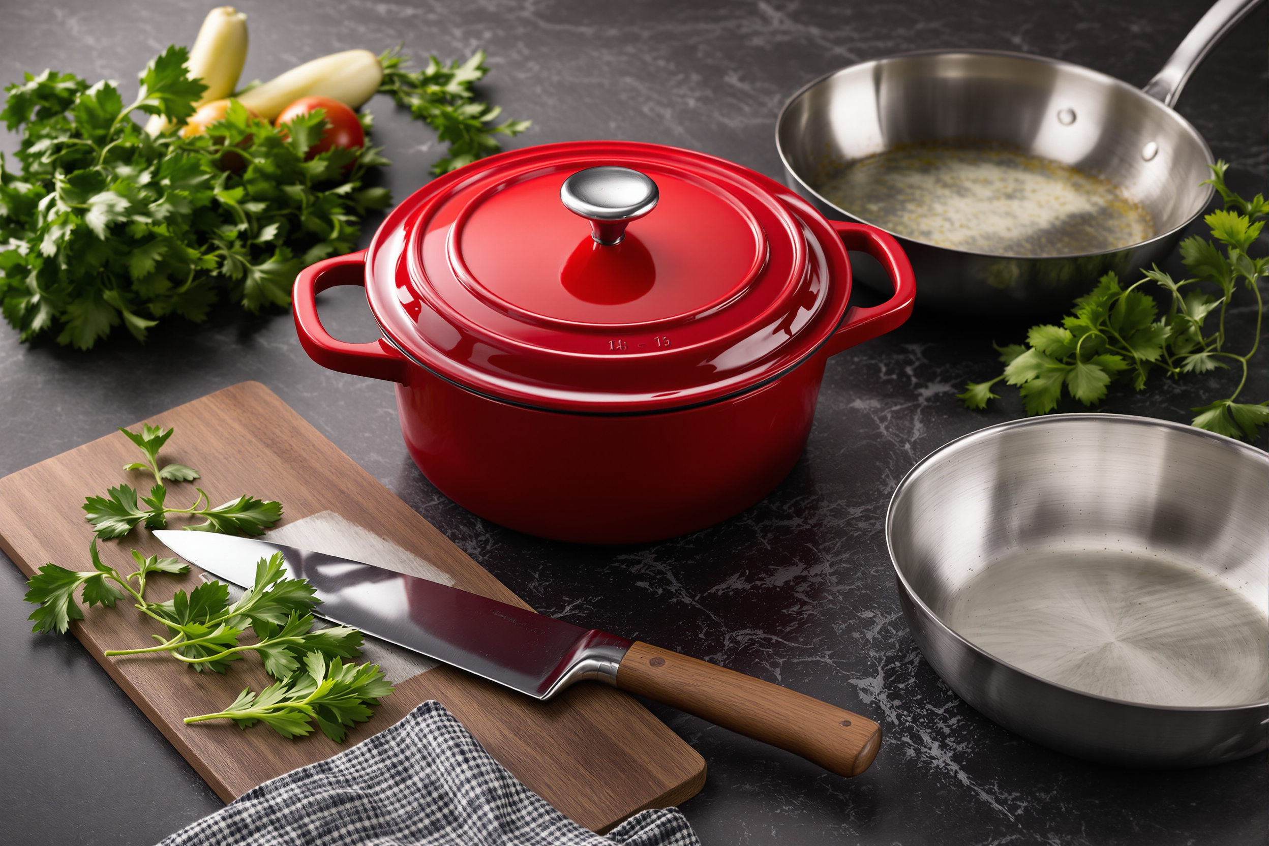 Ustensiles de cuisine premium disposés sur ardoise