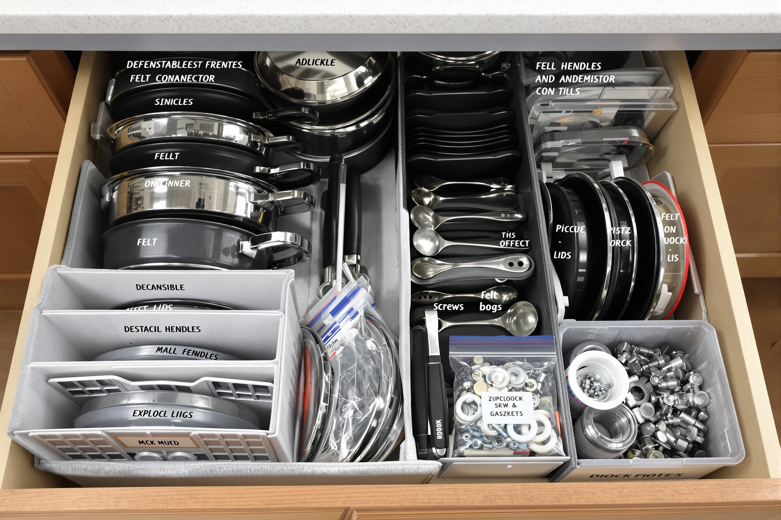 Tiroir dédié aux batteries de cuisine avec manches démontables