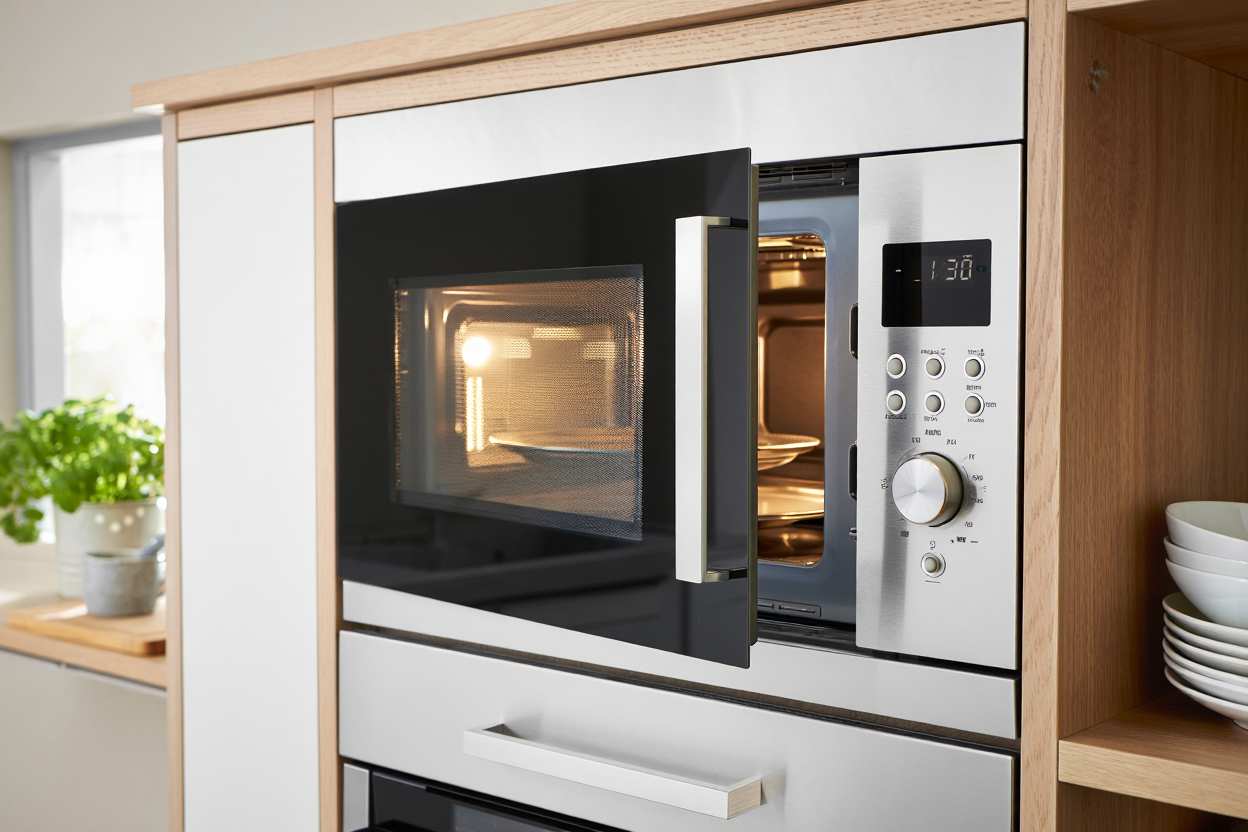 Four micro-ondes encastré en inox avec porte ouverte, montrant l’intérieur éclairé et commandes numériques sur le côté.