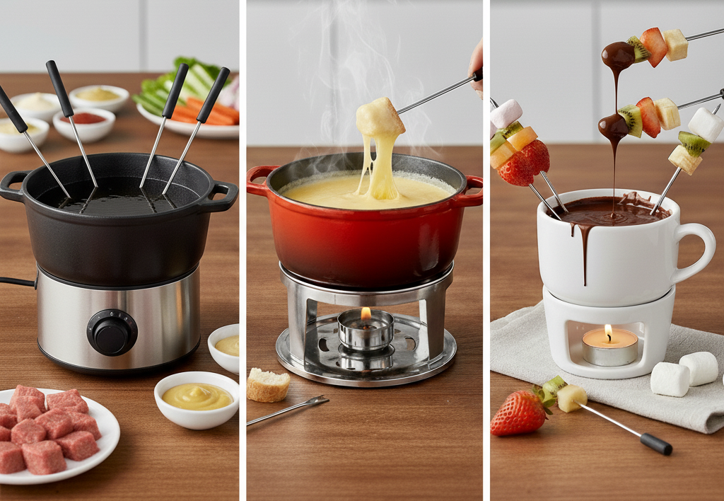 Trois scènes de fondue séparées par des séparations: pot fond noir avec appareils à fondue et morceaux de viande, sauce au fromage dans un caquelon rouge sur réchaud, et des brochettes fruits et guimauves trempées dans une tasse chocolat chaude avec bougie allumée dessous.